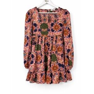 Avara Floral Babydoll Mini Dress Long Sleeve Boho Size Large Multicolor